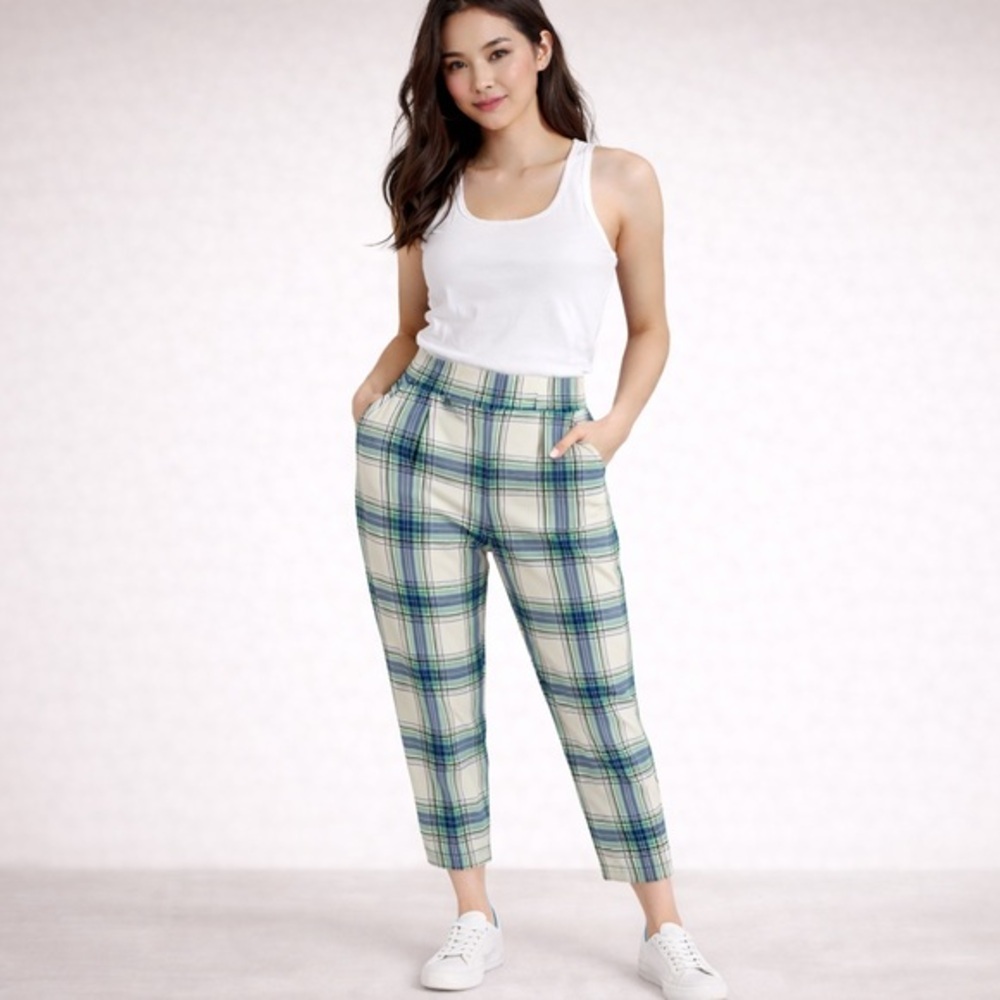 ASOS Blue Green Plaid Ankle Pants Retro Pleated Trousers Size 6